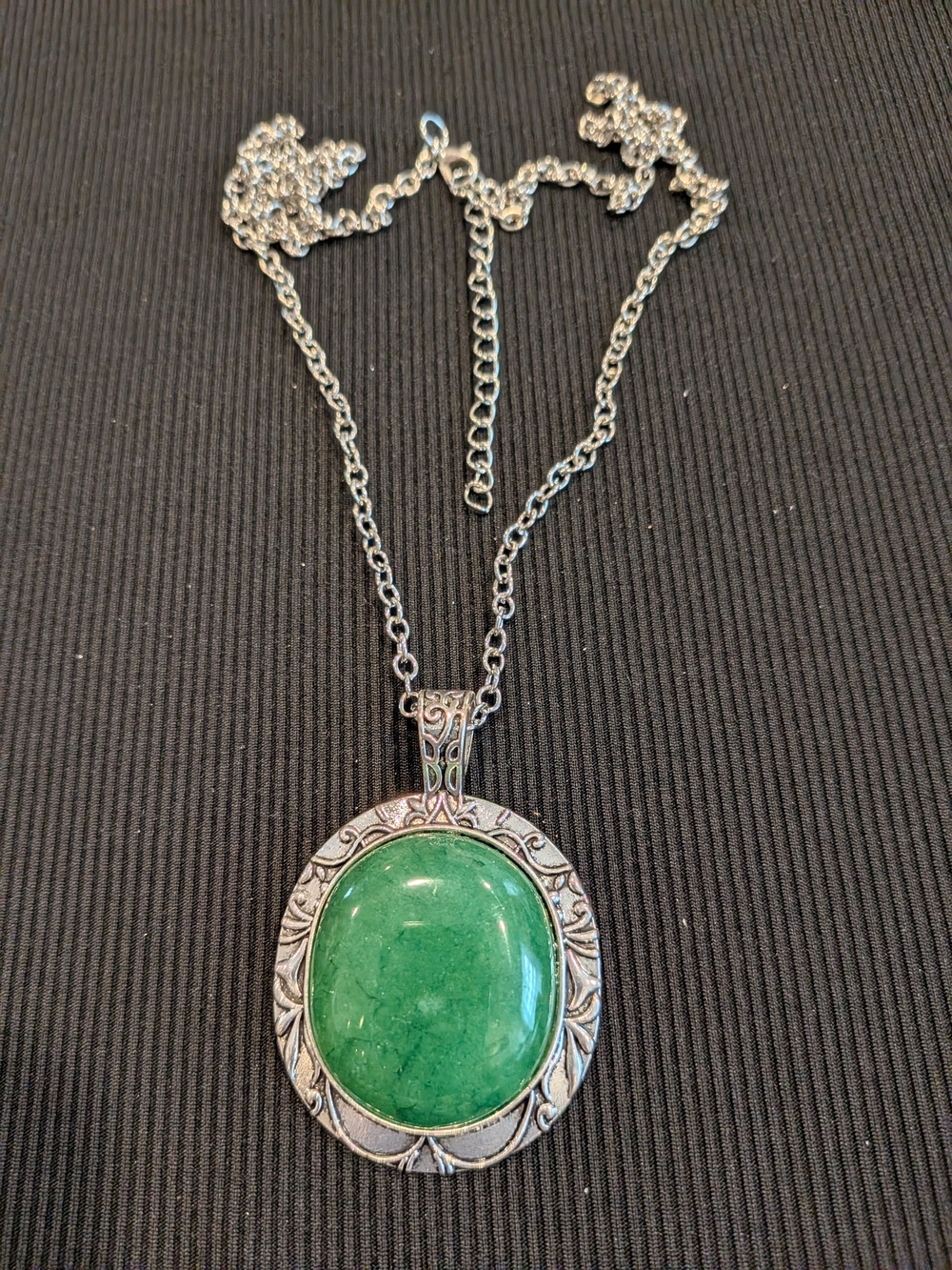 Green Jade Pendant Silver Necklace 17" - Silver-Tone Chain
